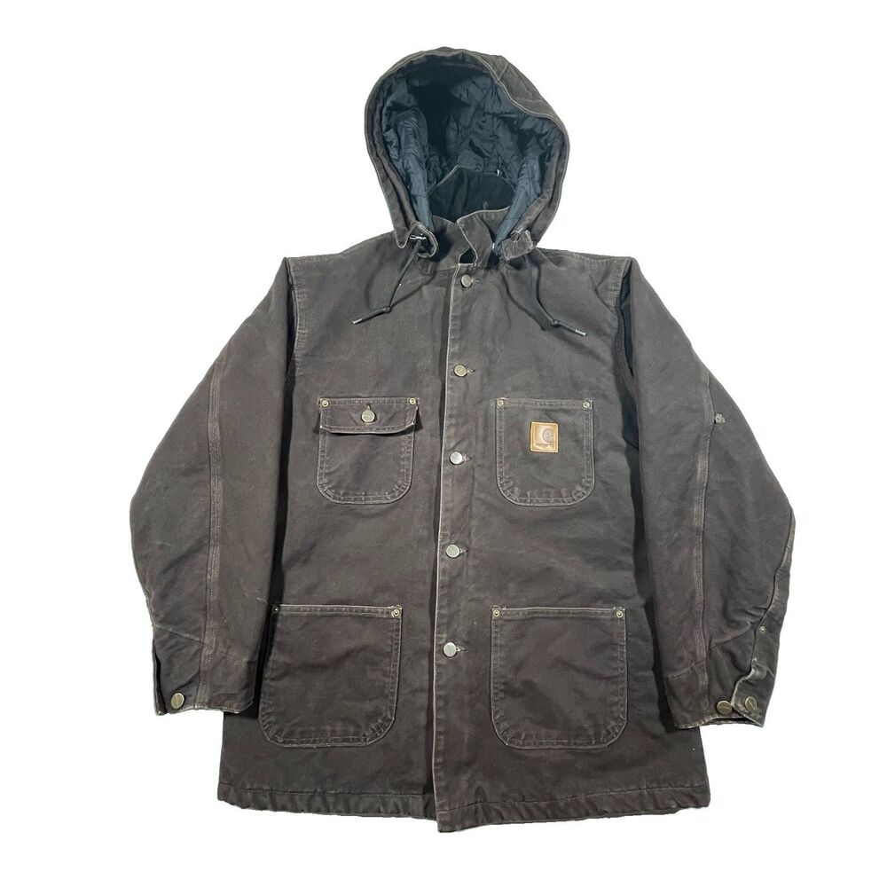 Vintage Carhartt C02 DKB Chore Coat Brown Blanket Lined Hooded Size M